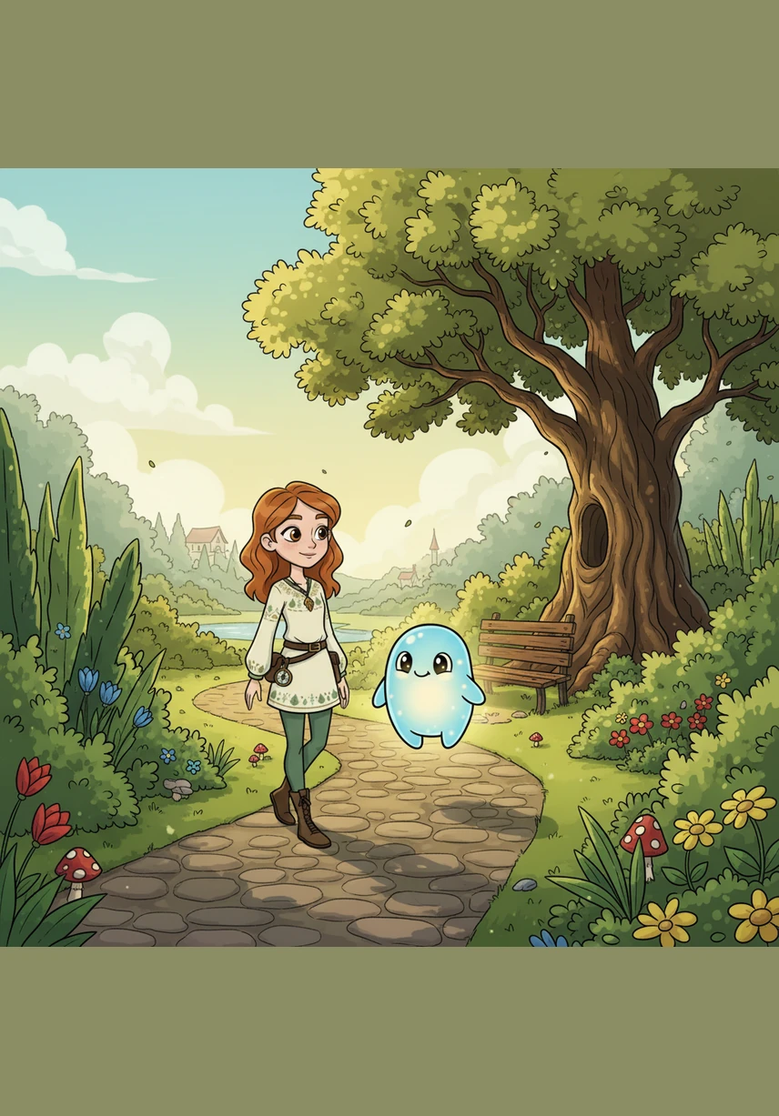 Together, Hy and Maya wander through the park, finding beauty in the small things like dew on the grass and the song of a hidden bird. Hy’s presence turns the dull morning into a magical adventure of discovery.