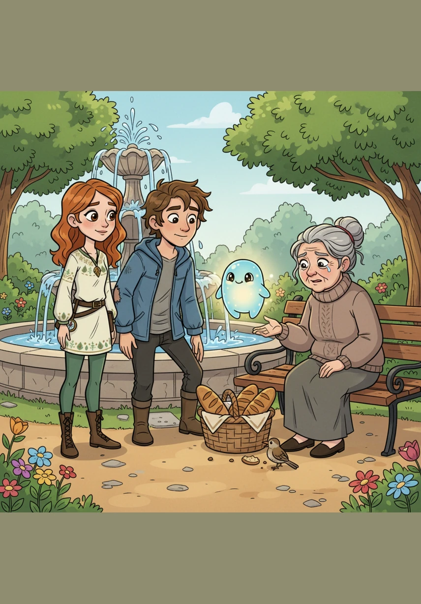 They come across an old man struggling to carry a heavy bag of birdseed near the fountain. Hy nudges Maya gently, encouraging her to reach out and offer a helping hand to the tired stranger.