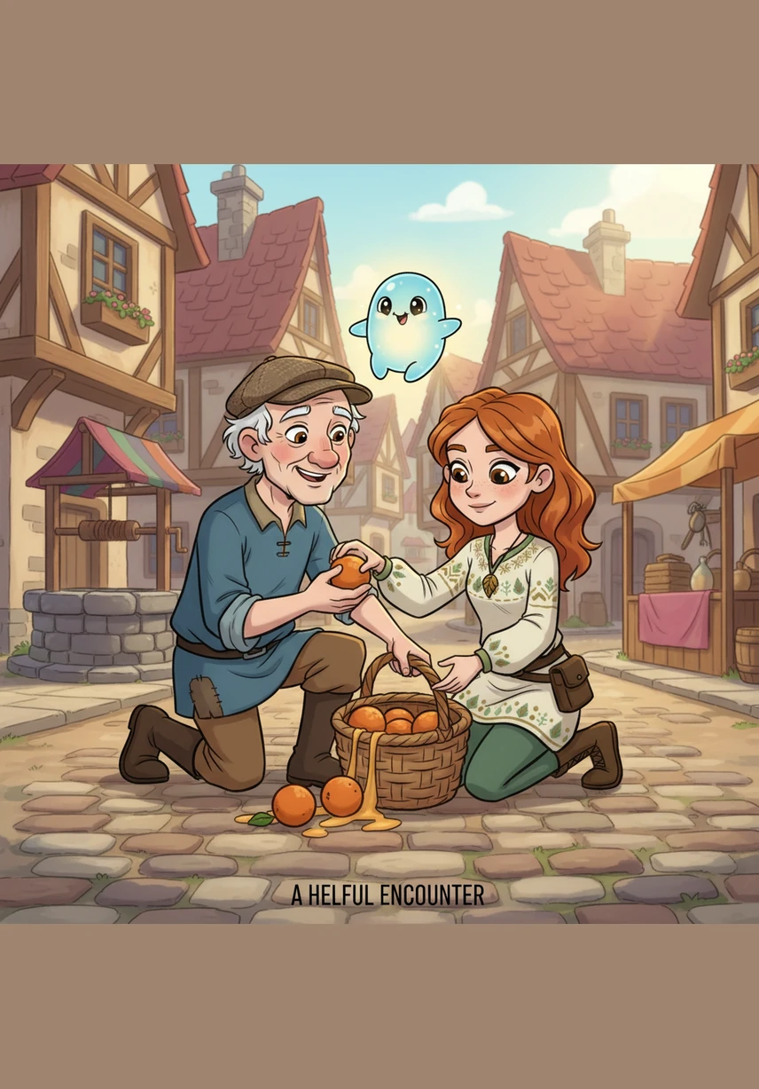 As Maya helps the man, Hy glows with a brilliant, joyful light that seems to make the flowers around them bloom. The old man smiles broadly, his eyes twinkling as he thanks them for their unexpected kindness.