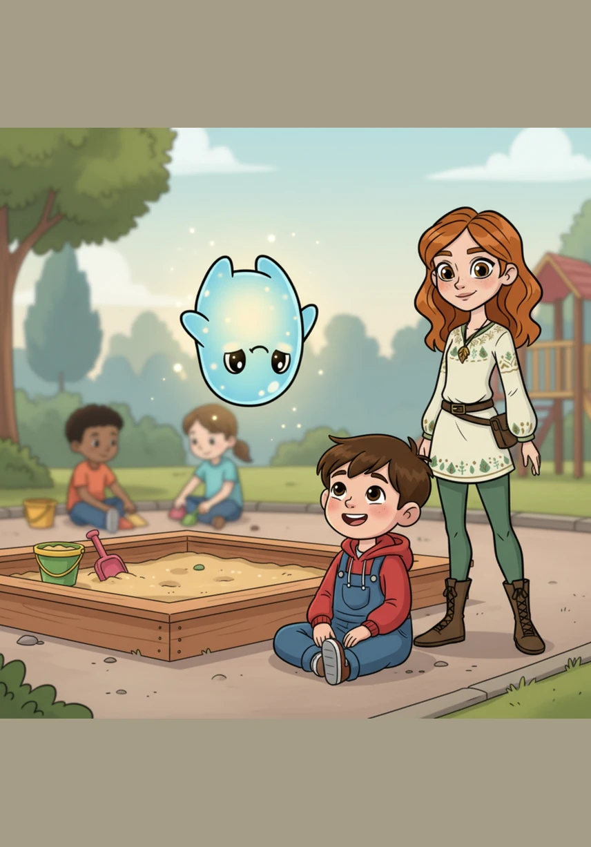 Later, they find a small boy sitting alone by the sandbox, looking too shy to join the other children. Hy floats over and does a silly, shimmering somersault in the air, making the boy giggle and forget his fear.