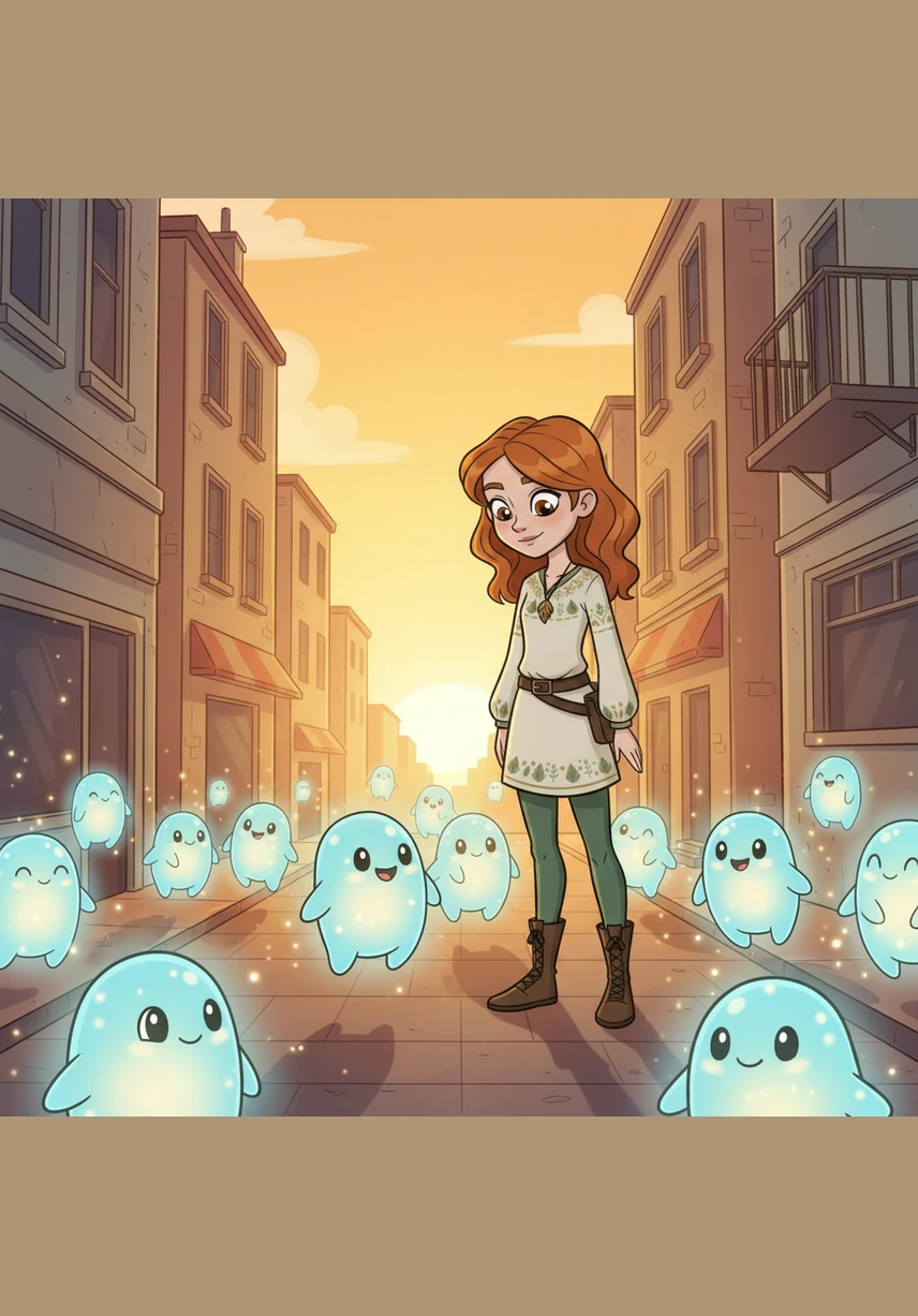 As the sun begins to set, the once-grey city is bathed in a warm, golden glow that reflects the kindness spread by a simple greeting. Hy realizes that even the smallest spirit can make a massive difference in the world.