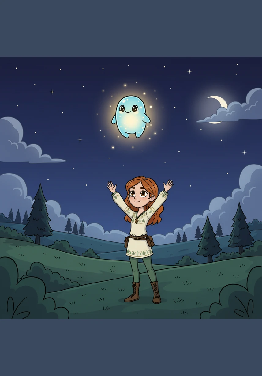 Maya waves a fond goodbye as Hy floats back up into the twinkling night sky to rest. Though he is far away, the warmth of his 'hello' remains in the hearts of everyone he met that day.