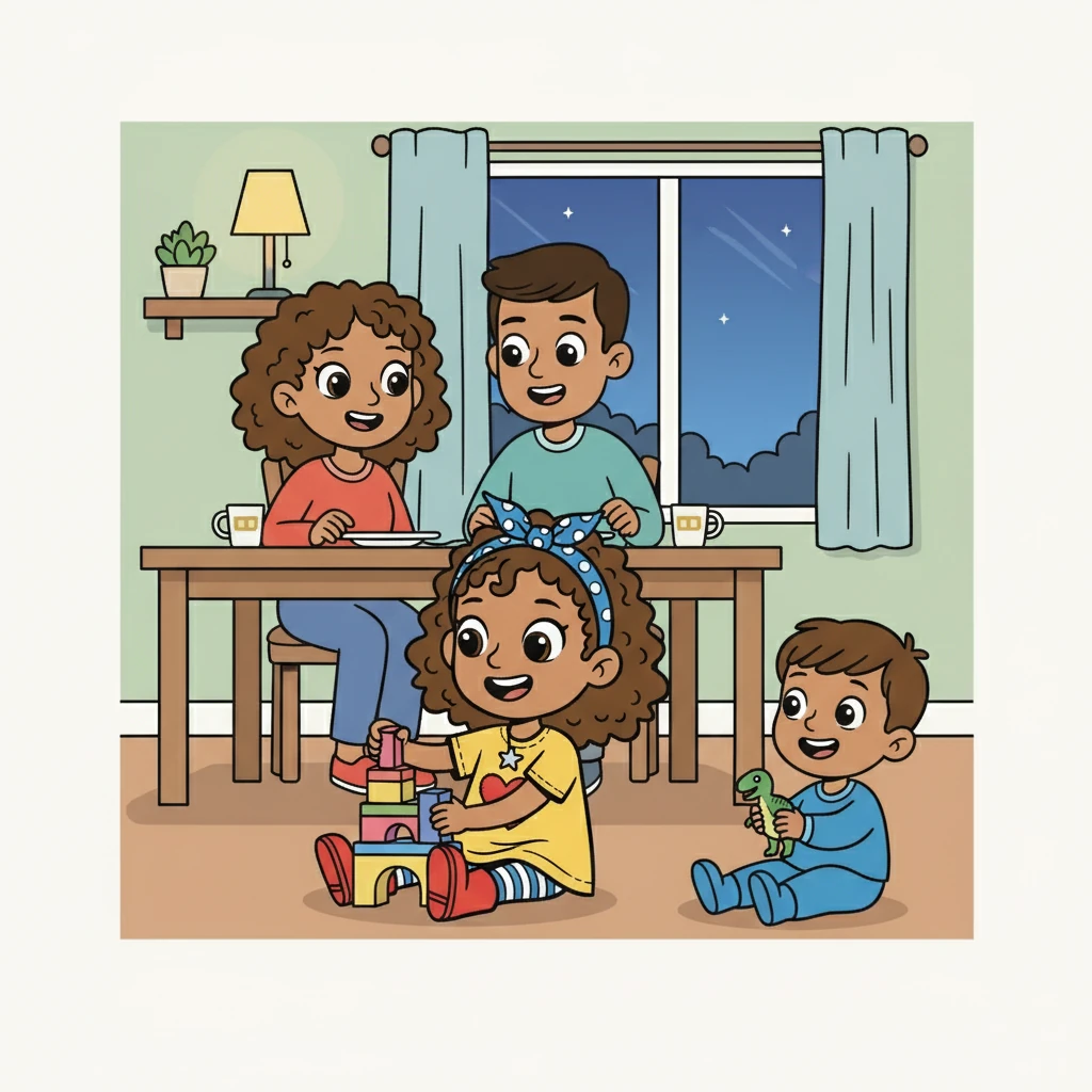 It was a peaceful evening in a small town. The Karim family was enjoying a quiet dinner together. Laila and her brother, Adam, played with their toys, their parents watching with smiles.