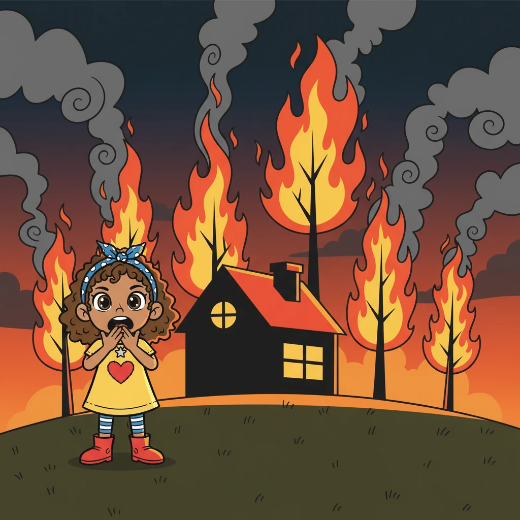 His eyes widened in shock as he saw the trees behind their house engulfed in flames. The fire was spreading quickly, sending orange light dancing across the night sky. Smoke filled the air.