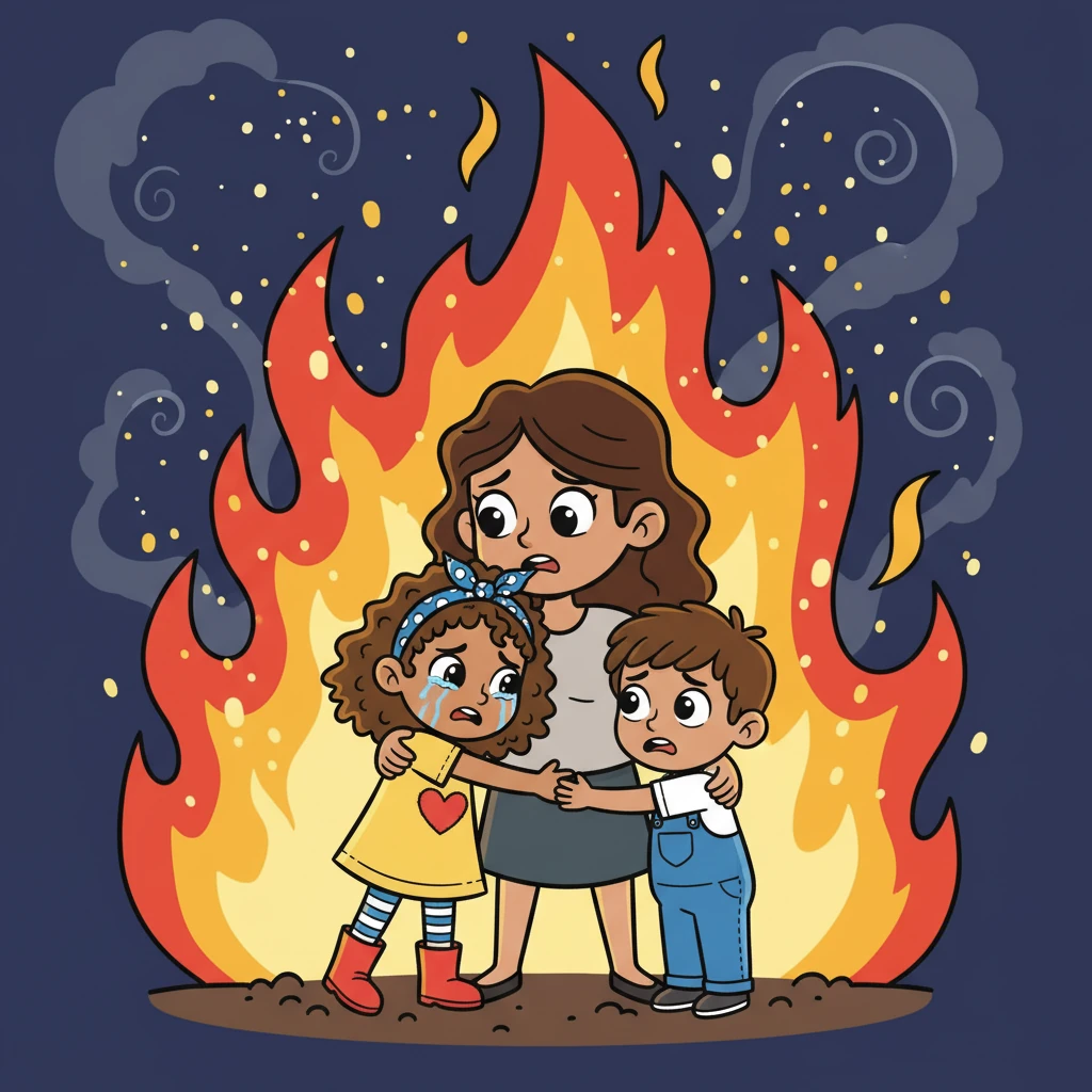 Laila began to cry, clinging to her mother. Adam, equally scared, grabbed his mother's hand tightly. The flames grew higher, and sparks flew through the air, creating a terrifying spectacle.