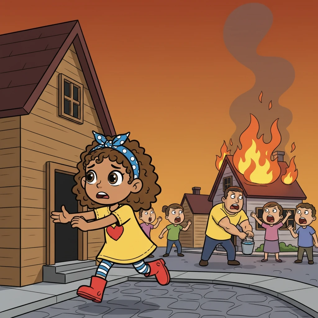 The family rushed out of the house. Outside, many neighbors were already running into the street, shouting for help. Some tried to carry buckets of water, but the fire was too strong.