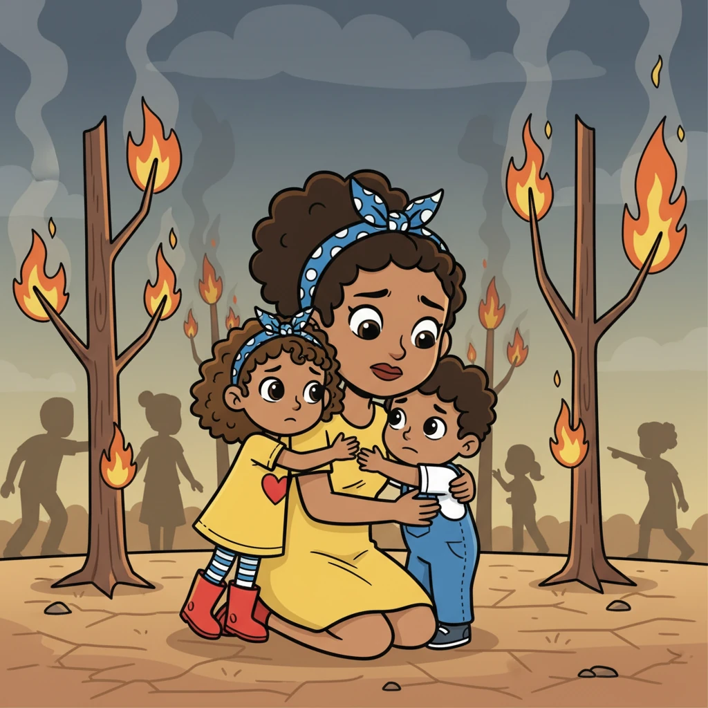 Mrs. Karim hugged her children tightly. “Stay close to me,” she whispered, trying to hide her own fear. The burning trees crackled loudly, and the shouts of the neighbors mingled with the fire's roar.