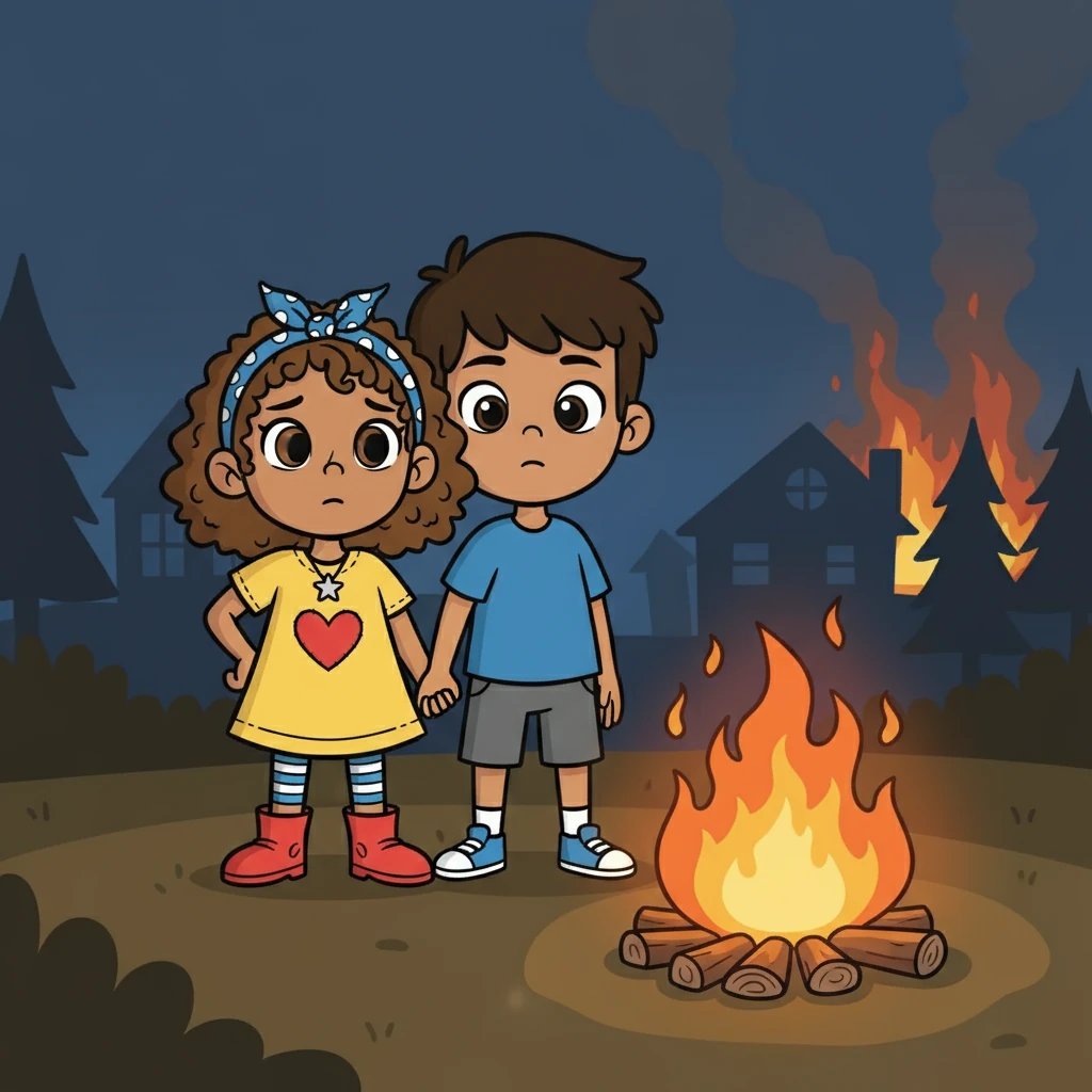 The night felt terrifying with the sound of the crackling fire and the shouts of the neighbors. Laila and Adam huddled close, their faces illuminated by the flickering flames. They felt their hearts beat fast.