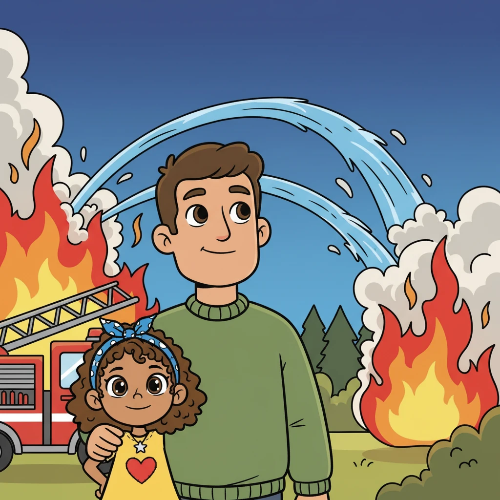 Their father put his arm around them. “We are safe together. The firefighters will help,” he reassured them, trying to project calmness. The water began to subdue the fire.