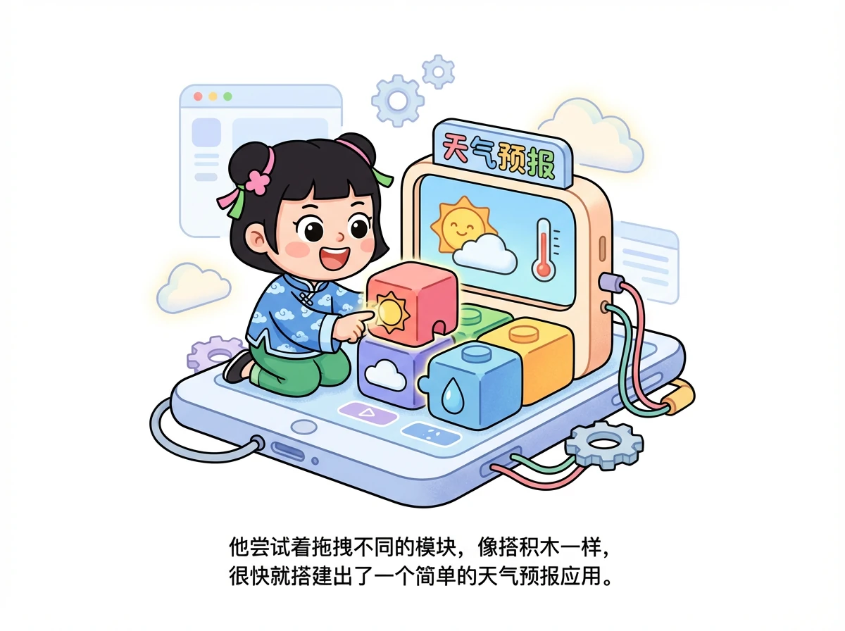 他尝试着拖拽不同的模块，像搭积木一样，很快就搭建出了一个简单的天气预报应用。
