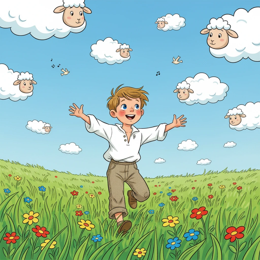 Маленький Ваня Бунин бегает по бескрайним полям, где высокие травы щекочут его колени, а в небе парят облака, похожие на пушистых барашков. Он слушает пение птиц, шепот ветра в деревьях и чувствует запахи полевых цветов. Этот мир природы становится его первым и самым любимым учителем. A young boy, Ivan Bunin, with rosy cheeks and wide, curious eyes, joyfully running through a field of exaggeratedly tall, bright green grass. Colorful wildflowers bloom around him. Fluffy, cartoon-like clouds shaped like sheep float in a clear blue sky. Birds with simple, rounded shapes fly playfully. The boy's arms are outstretched, a big smile on his face.