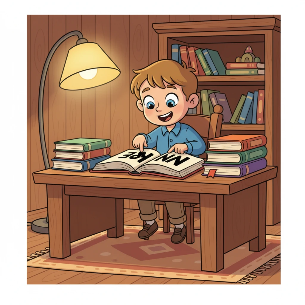 В уютной комнате, освещенной мягким светом лампы, юный Ваня с восторгом листает старые книги. Каждая буква, каждое слово кажется ему волшебным ключом, открывающим двери в неведомые миры и тайны. Он понимает, что слова могут хранить в себе целые истории и чувства. Young Ivan, with an excited and focused expression, sitting at a cozy wooden desk under a warm, glowing cartoon lamp. He is surrounded by stacks of whimsically oversized books with colorful, simplified covers. His eyes are wide as he points to a word in an open book, as if discovering a secret. The room has soft, inviting colors.