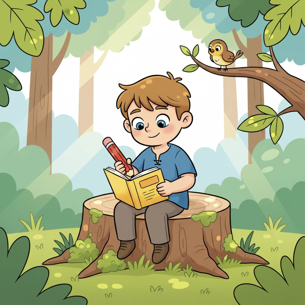 Ваня сидит на пеньке в лесу, держа в руках маленький блокнот и карандаш. Он старательно выводит строчки, пытаясь передать шум листвы, игру солнечных зайчиков и пение соловья. Это его первые шаги в мире поэзии, где каждое слово обретает особую силу. Young Ivan, with a determined yet dreamy look, perched on a friendly-looking, moss-covered tree stump in a vibrant, stylized forest. He holds a small, brightly colored notebook and an oversized pencil. Playful sunlight filters through exaggerated leaves, creating dappled patterns. A tiny, cheerful bird perches on a nearby branch, watching him.