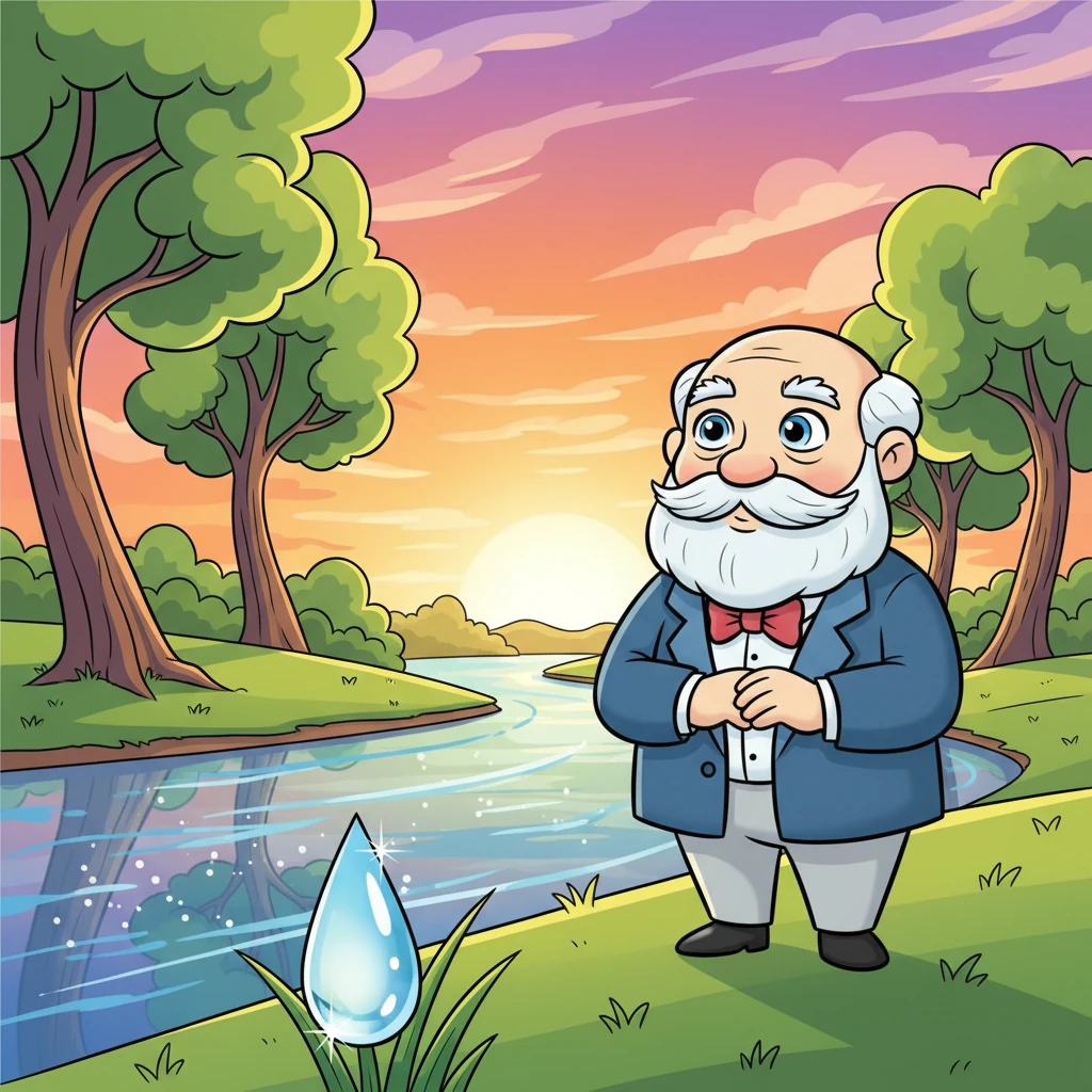 Ваня часто гуляет у реки, наблюдая за течением воды и отражением неба. Он видит красоту в каждой капле росы, в каждом закате, в каждом облаке. Природа щедро дарит ему вдохновение, наполняя сердце яркими образами и глубокими чувствами. Ivan, slightly older, standing by a gently flowing, sparkling blue river. He gazes thoughtfully at the water, which reflects a vibrant, cartoon sunset with swirling colors. Exaggerated, graceful trees line the riverbank. A large, stylized dewdrop sparkles on a blade of grass in the foreground, catching his eye. His expression is serene and inspired.