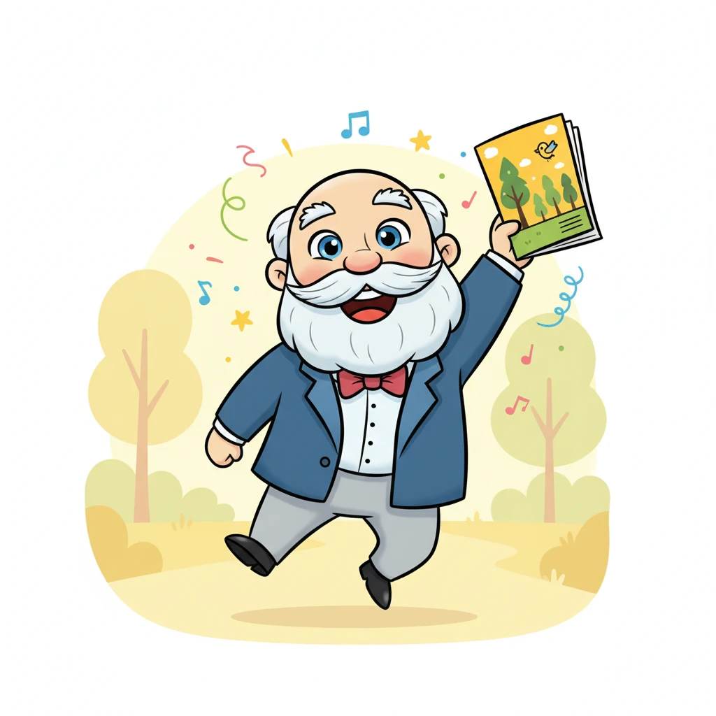 Счастливый Ваня держит в руках тоненький журнал, где напечатано его первое стихотворение. Его сердце бьется от волнения и радости. Это доказательство того, что его слова нашли путь к читателям и начали свою собственную жизнь. A slightly older Ivan, with an ecstatic, wide-mouthed smile and sparkling eyes, holding up a brightly colored, simplified magazine. The magazine cover proudly displays a cartoon drawing related to nature. His pose is dynamic, perhaps jumping slightly or with one arm raised in triumph. Cheerful, abstract celebratory elements float around him.