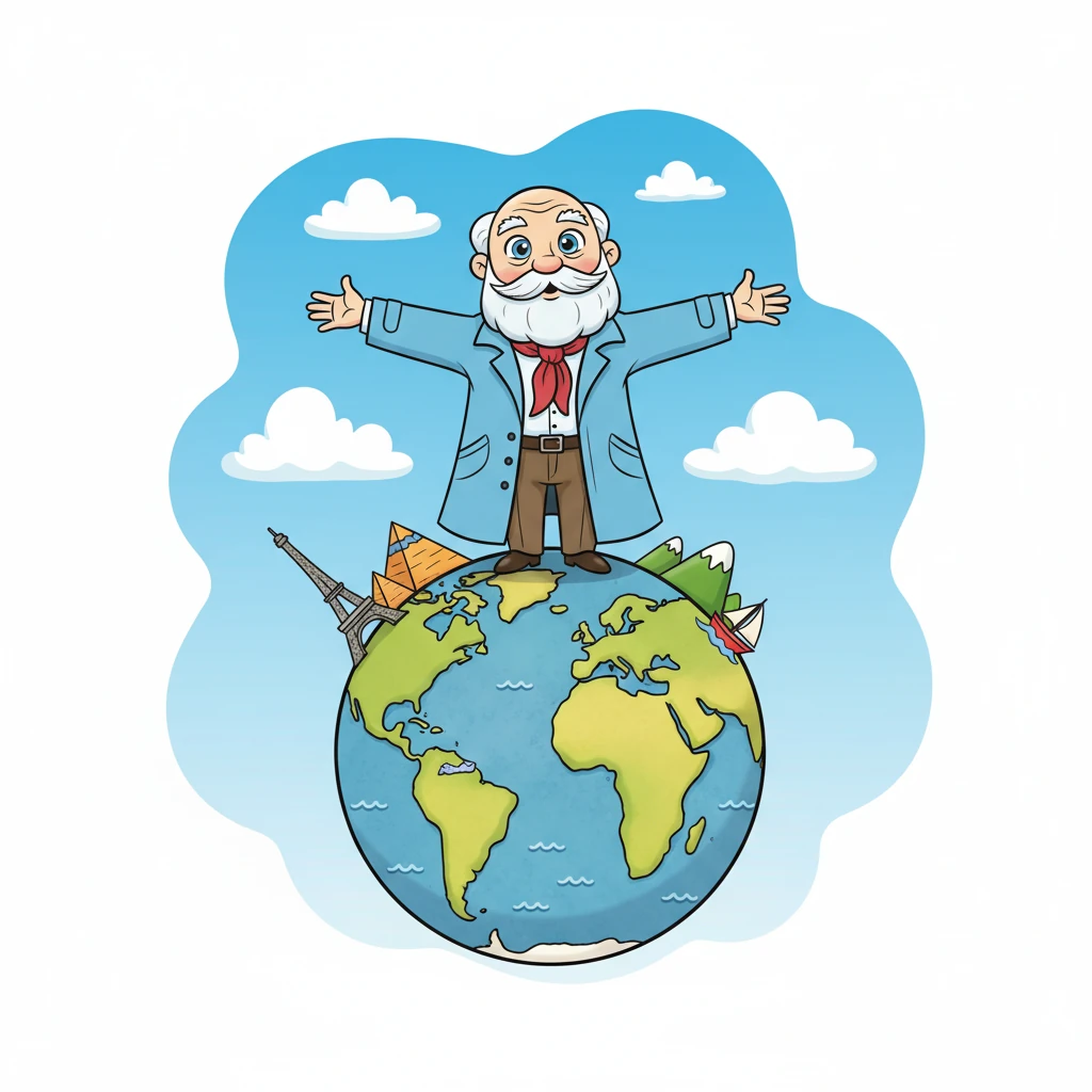 Повзрослевший Иван Бунин путешествует по разным странам, его глаза широко открыты для всего нового. Он видит горы и моря, древние города и незнакомых людей, впитывая в себя многообразие мира. Каждое новое впечатление становится драгоценным зернышком для его будущих произведений. Adult Ivan, with a wise but still curious expression, standing on a stylized globe or map, surrounded by playful, miniature representations of famous landmarks (e.g., a tiny Eiffel Tower, a simplified pyramid, a colorful sailboat on a wavy blue sea). He wears a light, flowing coat, and his arms are slightly open, embracing the world. Bright, contrasting colors represent different regions.