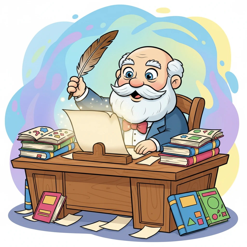 Иван Бунин сидит за столом, погруженный в работу, вокруг него разбросаны рукописи и книги. Он тщательно подбирает каждое слово, словно искусный ювелир, чтобы оно точно передало мысль, чувство, образ. Он знает, что только слову дана жизнь, и оно может сделать мгновение вечным. Adult Ivan, with a focused and intense yet joyful expression, seated at a large, whimsical desk covered with stacks of colorful, open books and scattered, stylized papers. He holds an oversized quill pen, his hand poised over a manuscript. Light emanates from the words on the page, suggesting their power. The background shows abstract swirls of ideas and inspiration.