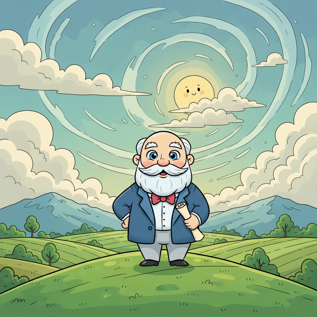 Бунин стоит на вершине холма, оглядывая просторы родной земли. Он уже известный писатель, но его путь не всегда был легким. В его глазах читается мудрость и сила духа, накопленные за годы творчества и жизненных испытаний. Ivan, a distinguished but still energetic figure, standing on a rolling, green hill under a vast, expressive sky with dramatic, swirling clouds. He looks out over a stylized landscape of fields and distant forests. His posture is confident and reflective, symbolizing his journey and resilience. A friendly, exaggerated sun peeks from behind a cloud.