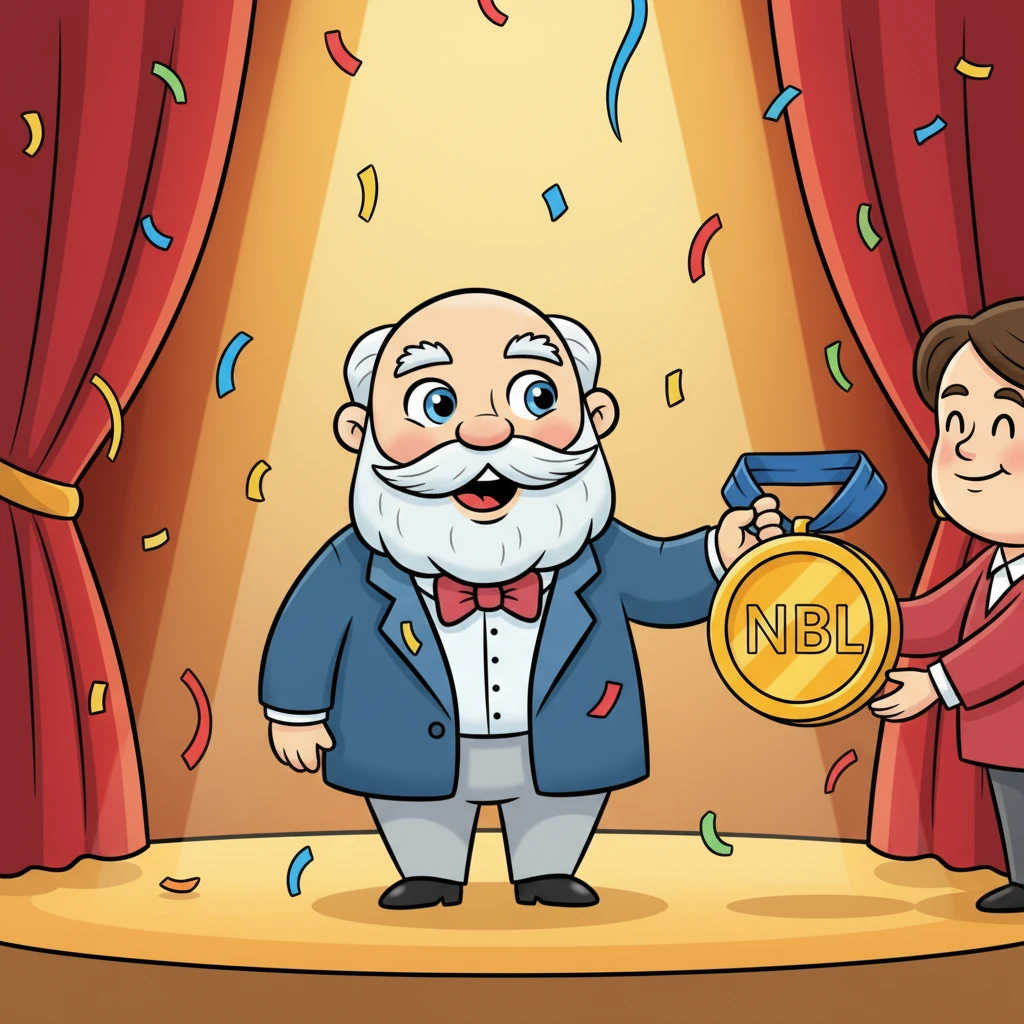 Иван Бунин стоит на торжественной церемонии, ему вручают Нобелевскую премию по литературе. Весь мир признает его талант и вклад в мировую культуру. Это великий момент, когда его слова, рожденные в тишине, зазвучали на весь мир. Ivan, beaming with pride and a touch of humble surprise, standing on a brightly lit, stylized stage. He is dressed in formal attire, accepting an oversized, golden Nobel medal from a friendly, smiling figure (partially visible). Confetti in bright, cheerful colors rains down around him. The background is a simple, elegant curtain.