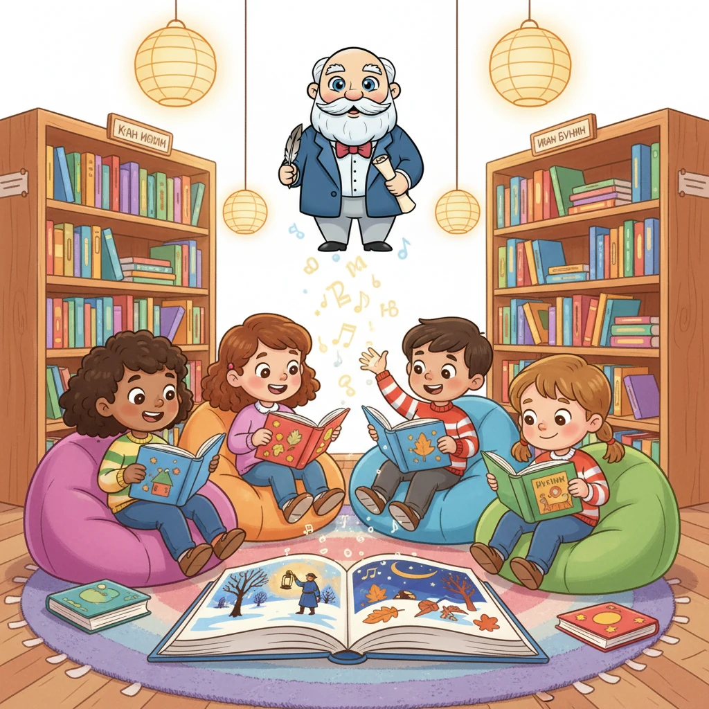 Дети сидят в библиотеке, читая книги Ивана Бунина. Его слова продолжают жить, вдохновляя новые поколения, уча их любить родной язык и видеть красоту в окружающем мире. Наследие писателя светит ярким маяком для всех, кто ценит силу и волшебство слова. A group of diverse, happy children, with expressive faces, sitting comfortably on colorful beanbags or cushions in a vibrant, friendly library. They are engrossed in reading brightly illustrated books by Ivan Bunin. A large, open book in the foreground shows stylized images inspired by his poetry. Soft, warm light fills the scene, and shelves of colorful books line the background.