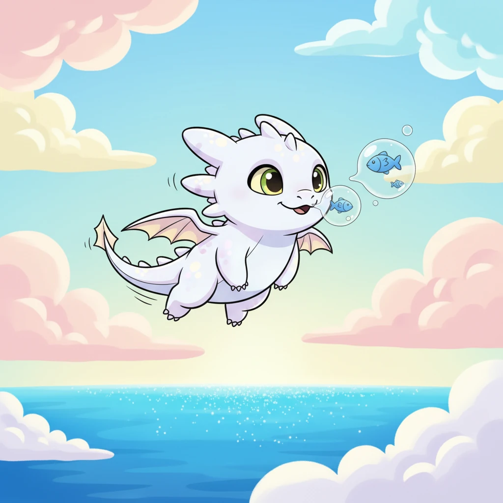 High above the sparkling blue ocean lived Glimmer, a tiny Light Fury. She was no bigger than a fluffy cloud, with bright, curious eyes and soft, pearly scales. She loved soaring through the sky, but most of all, she loved the smell of fresh fish.