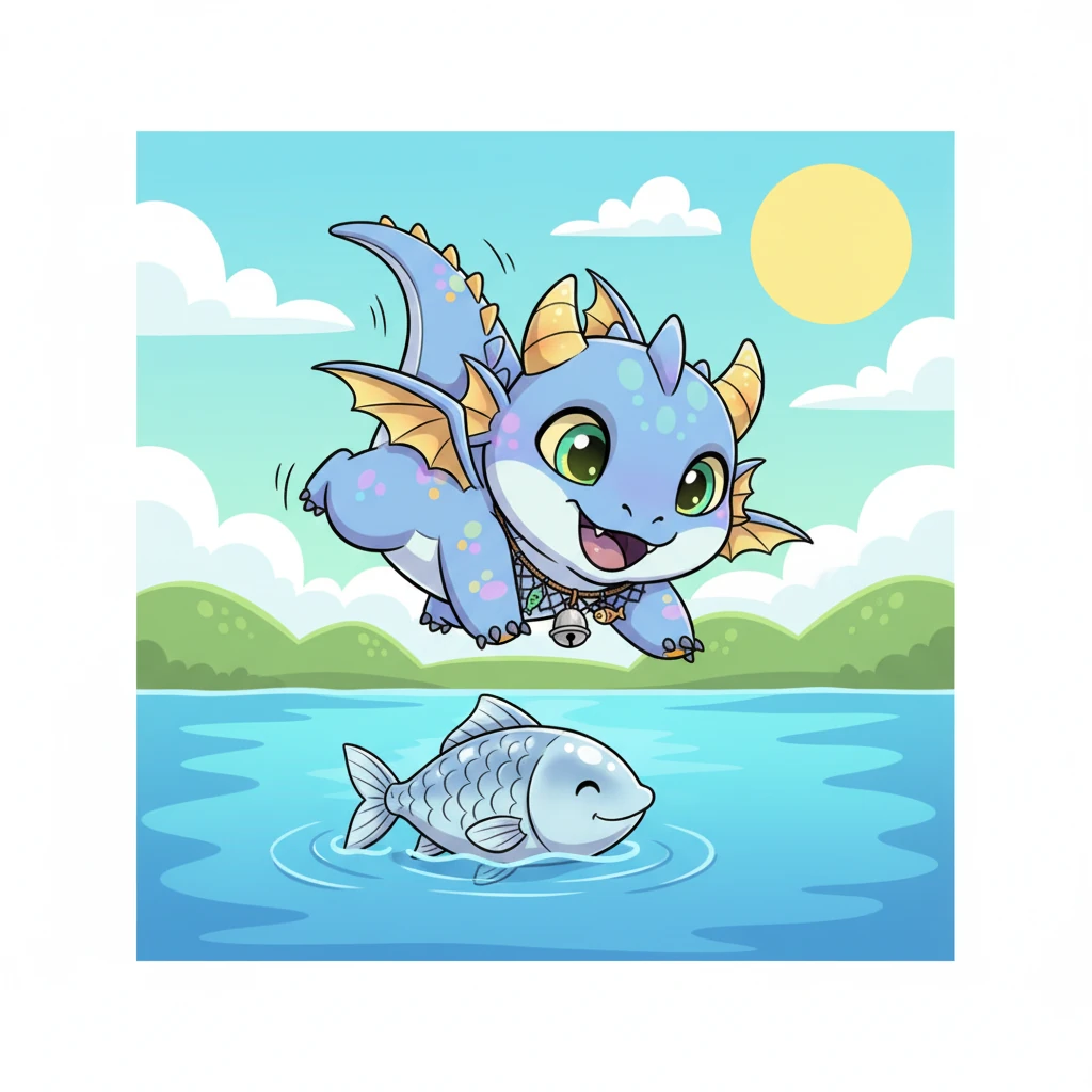 One sunny morning, Glimmer spotted something shimmering below. It was a plump, silver fish, swimming lazily near the surface! Her tummy rumbled with excitement, and she swooped down with a happy flutter.