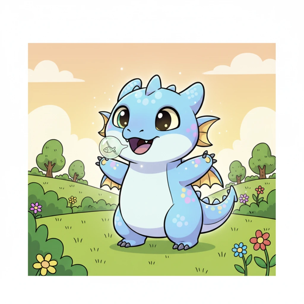 Glimmer gobbled up the fish in one delightful gulp. A tiny, adorable 'burp!' escaped her, and to her surprise, she felt a little bit bigger! Her scales glowed even brighter with contentment.