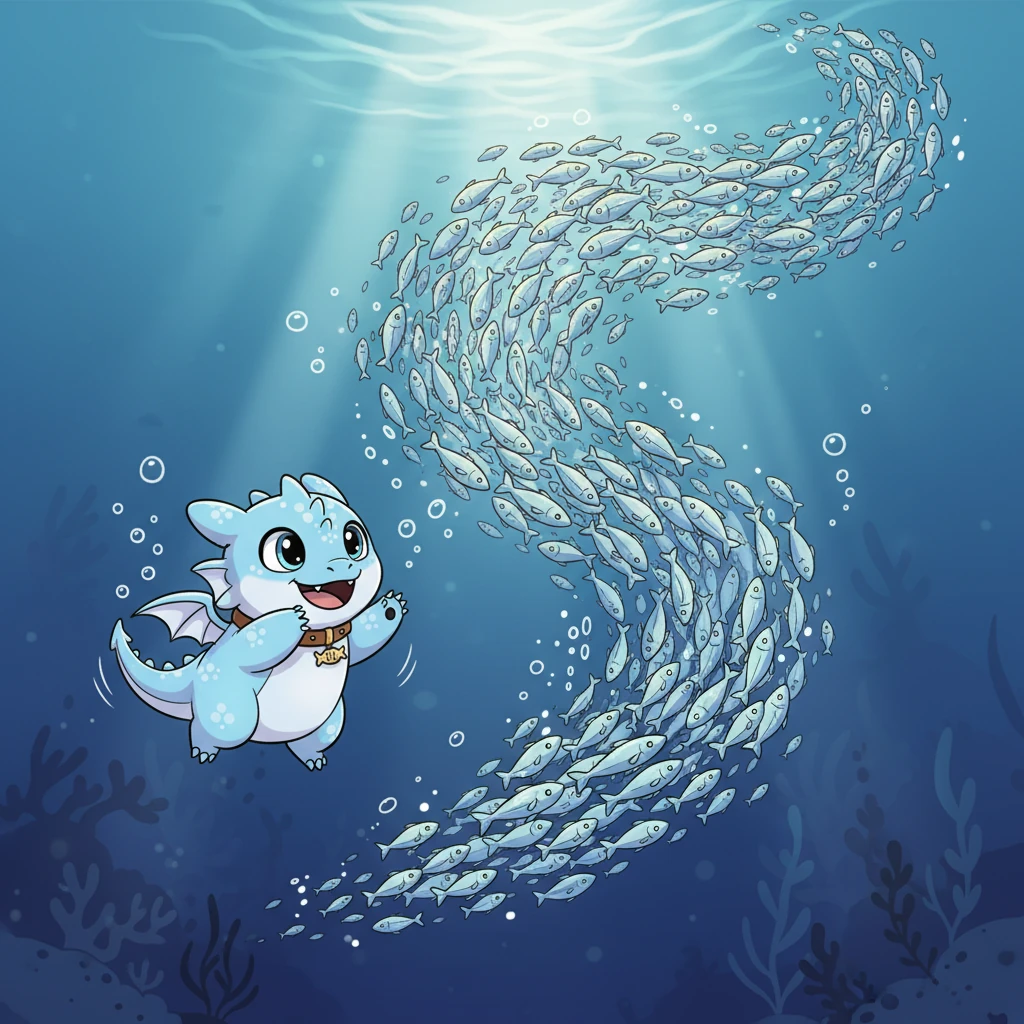 Feeling wonderfully full, Glimmer continued her flight, only to discover an entire school of fish, swirling like a silver tornado! Her eyes widened, and a playful grin spread across her face. This was going to be fun!