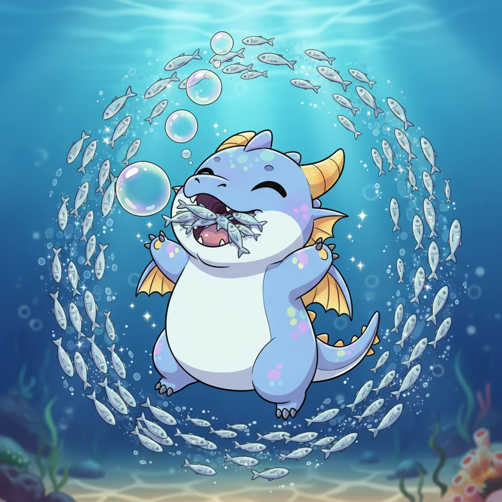 She dove into the shimmering school, munching happily on fish after fish. With each tasty bite, Glimmer grew, her body expanding with joyful energy. Her burps grew bigger too, sounding like little puffs of cloud.