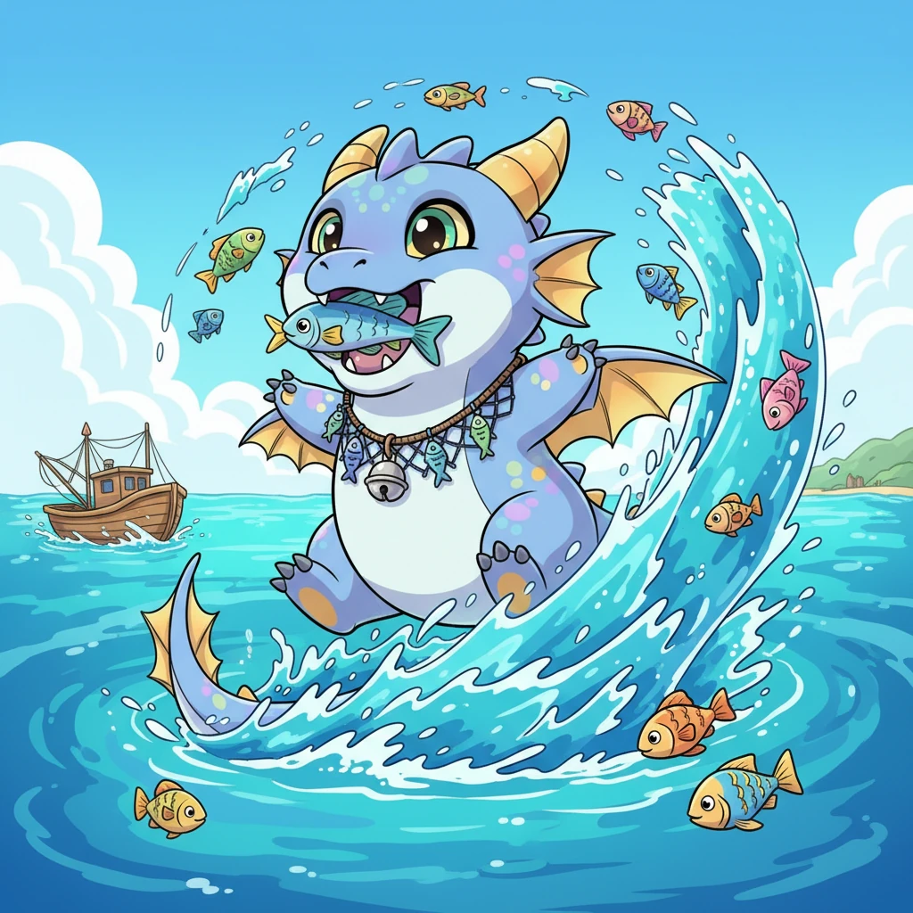 Soon, Glimmer was as large as a small fishing boat, her wings now powerful and grand. She giggled, swirling through the water, still enjoying her endless fishy feast. The ocean felt like her personal buffet!