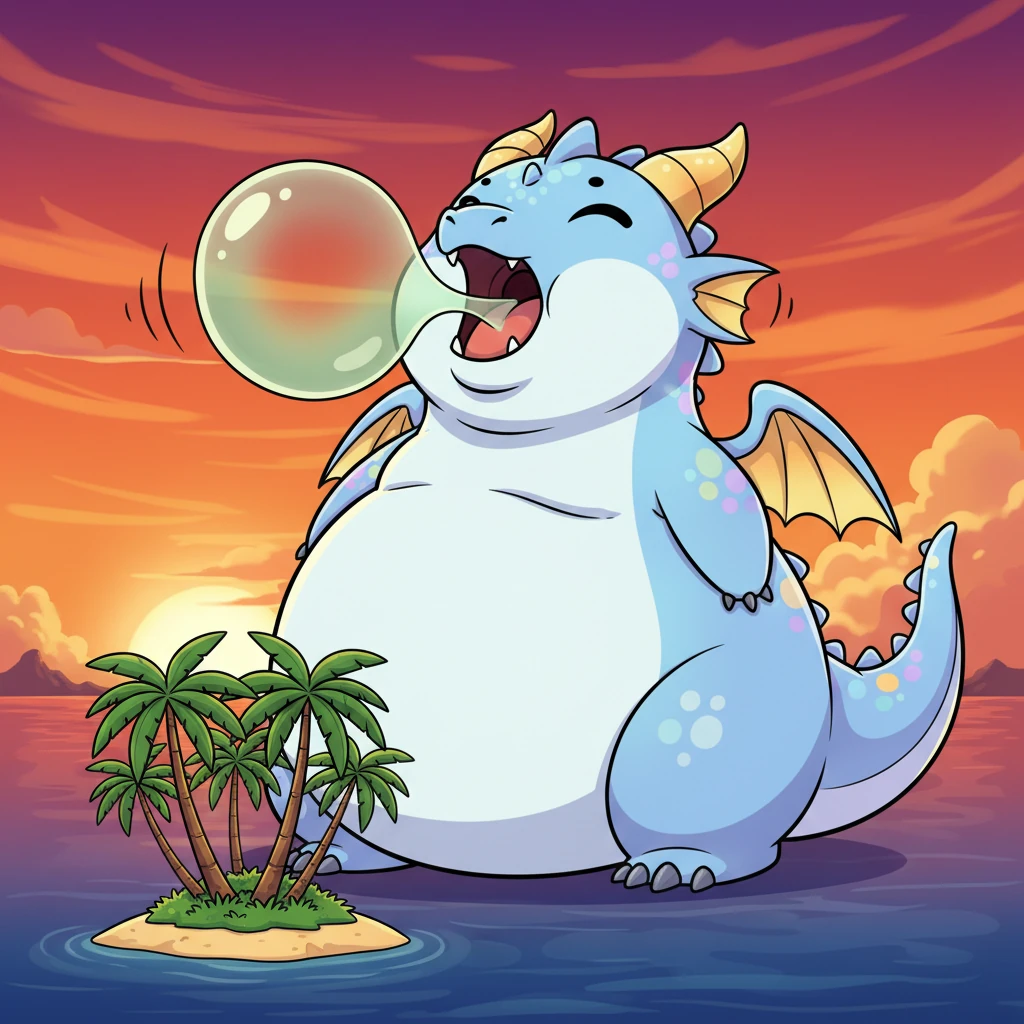 The sun began to set, painting the sky in fiery colors, but Glimmer was still eating! She was now enormous, easily towering over the tallest palm trees on the nearest island. A truly massive burp rumbled from her, echoing across the water.