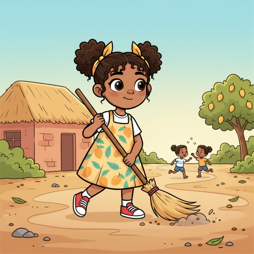 Nia, a cheerful girl with bright, curious eyes, is diligently sweeping the compound with a traditional broom. Her movements are light and quick, but her gaze often drifts towards the distant path where children walk, their laughter echoing in the morning air.