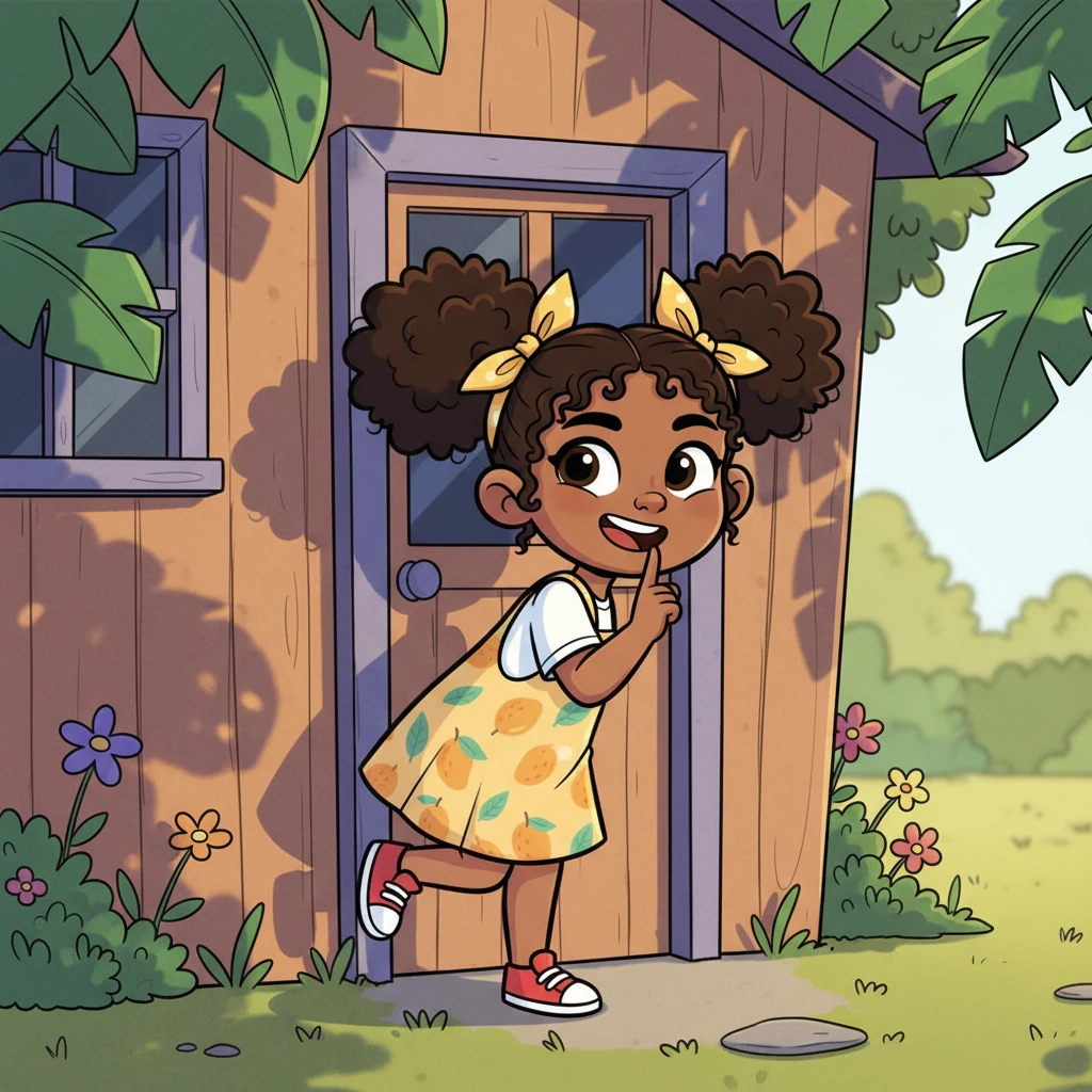 After her chores are done, Nia glances around, her smile turning mischievous. With a quick, playful tiptoe, she sneaks behind the kitchen, her small form disappearing into the dappled shadows, a tiny adventurer on a secret mission.