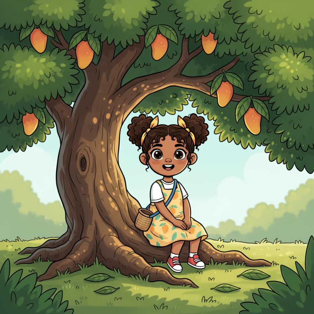Under the sprawling branches of an ancient mango tree, Nia finds her special spot. Sunlight filters through the leaves, creating a cozy, magical nook where she can be completely alone, her heart thrumming with excitement.