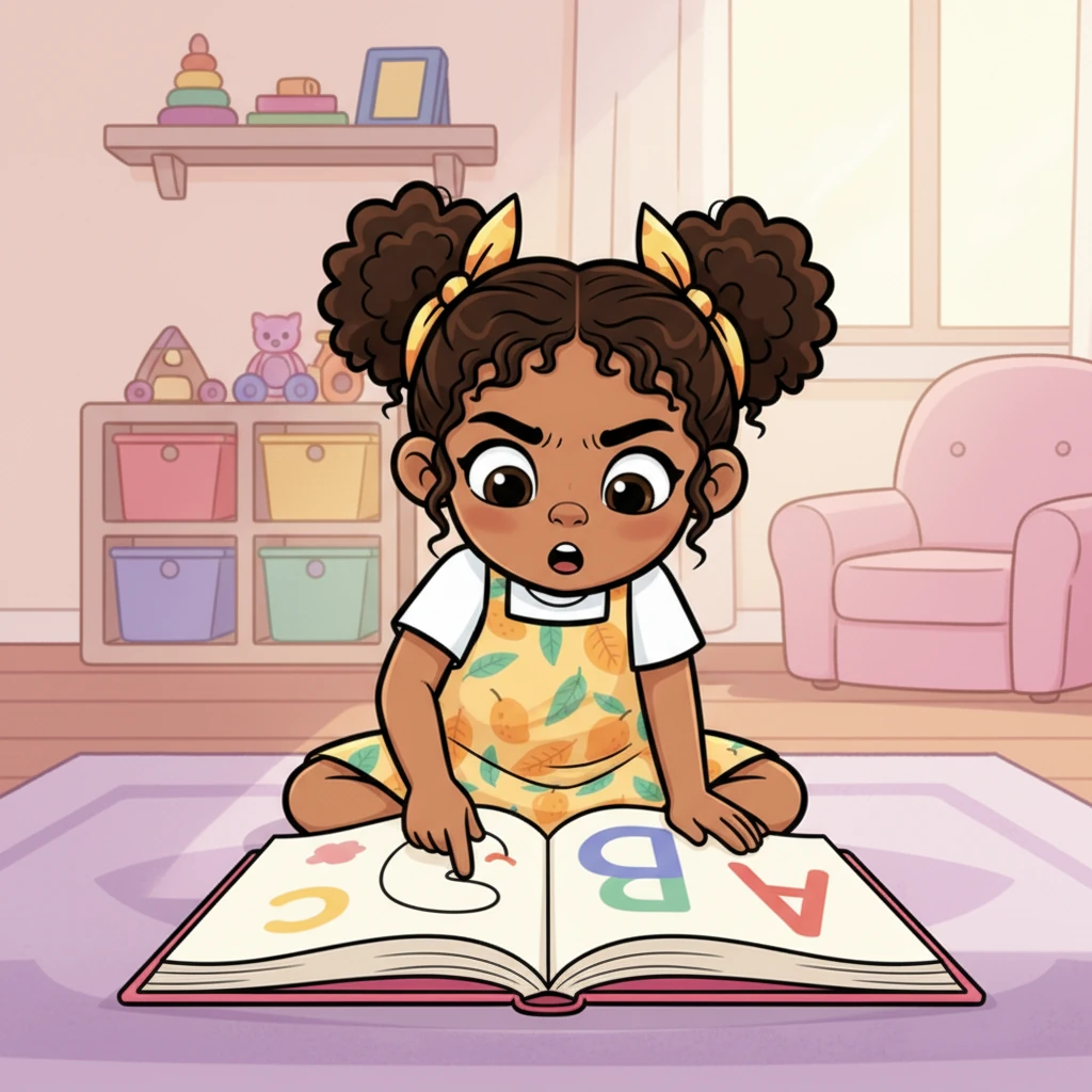 Nia’s brow furrows in concentration as she traces the letters on the page with her finger, whispering, "A… B… C…" Her expressive face shows a mix of determination and wonder, each letter a small victory.