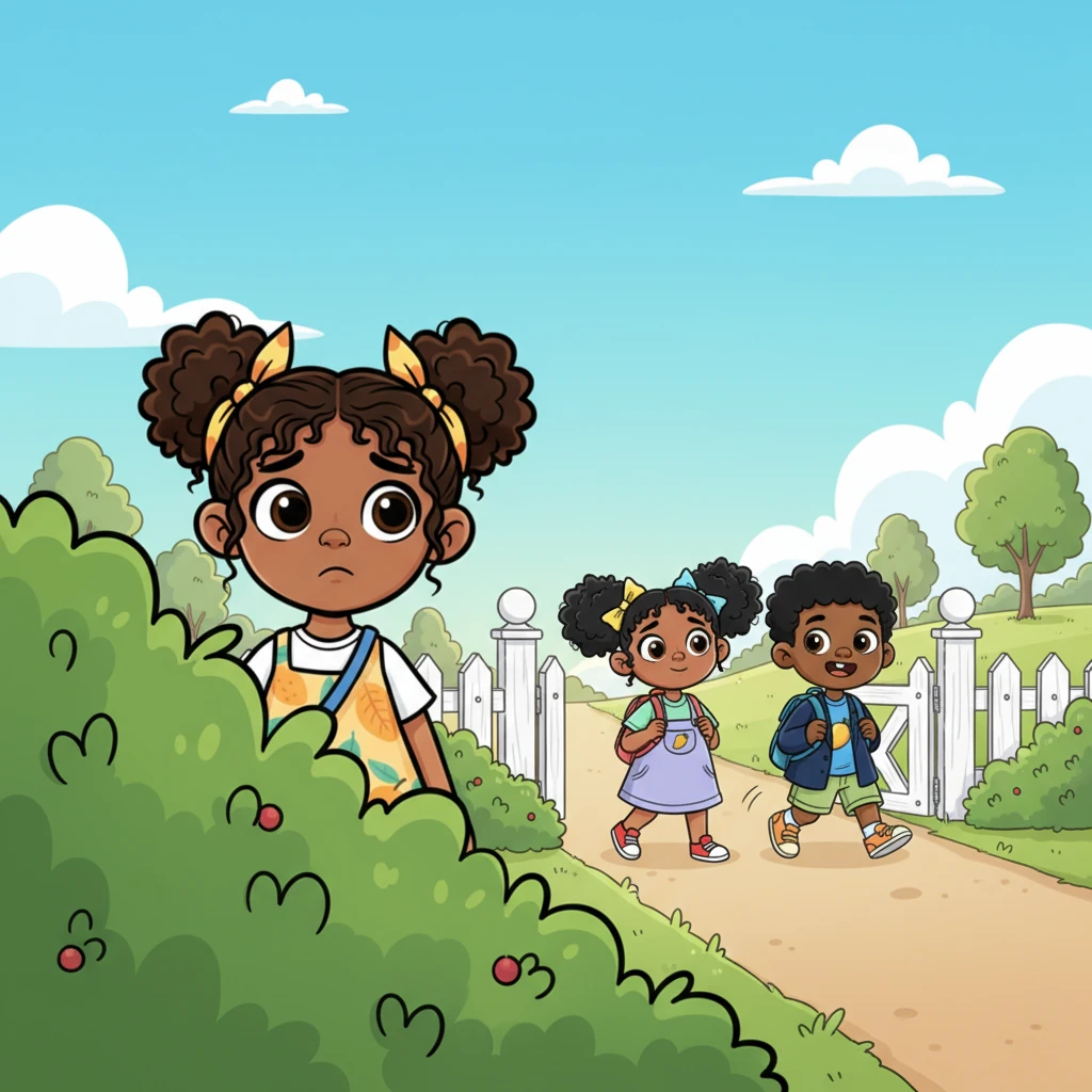 Later, Nia peeks from behind a lush bush as Chisom and Emeka, neat in their school uniforms, walk past the gate, their backpacks bouncing. She watches them with a wistful expression, a quiet longing in her eyes.