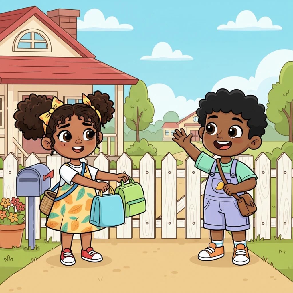 As Chisom and Emeka reach the gate, Nia steps out to hand them their lunch bags. Emeka waves cheerfully, "Bye, Nia!" Nia smiles brightly back, but a tiny shadow of sadness flickers in her heart.