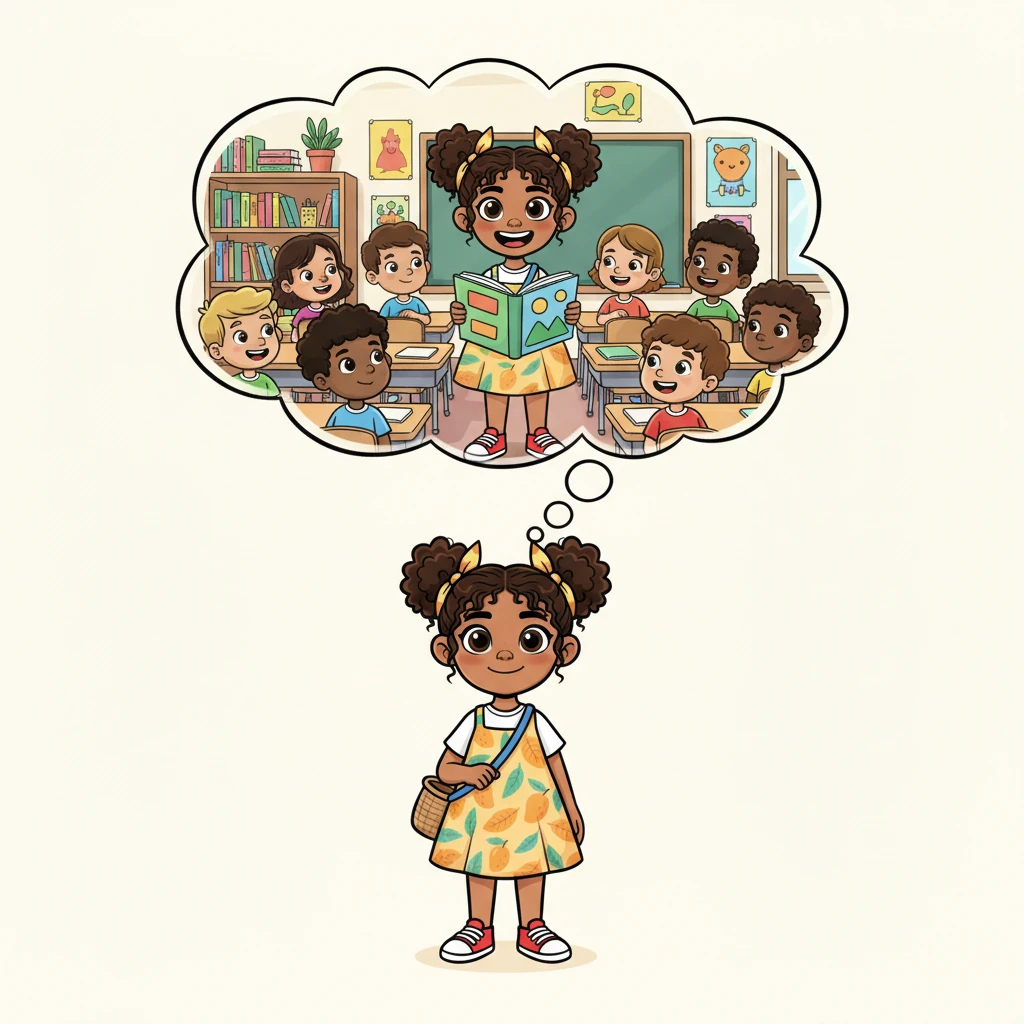 A whimsical thought bubble appears above Nia's head, showing her in a vibrant classroom, surrounded by smiling children and colorful books. She imagines herself confidently reading aloud, her face beaming with pride and joy.