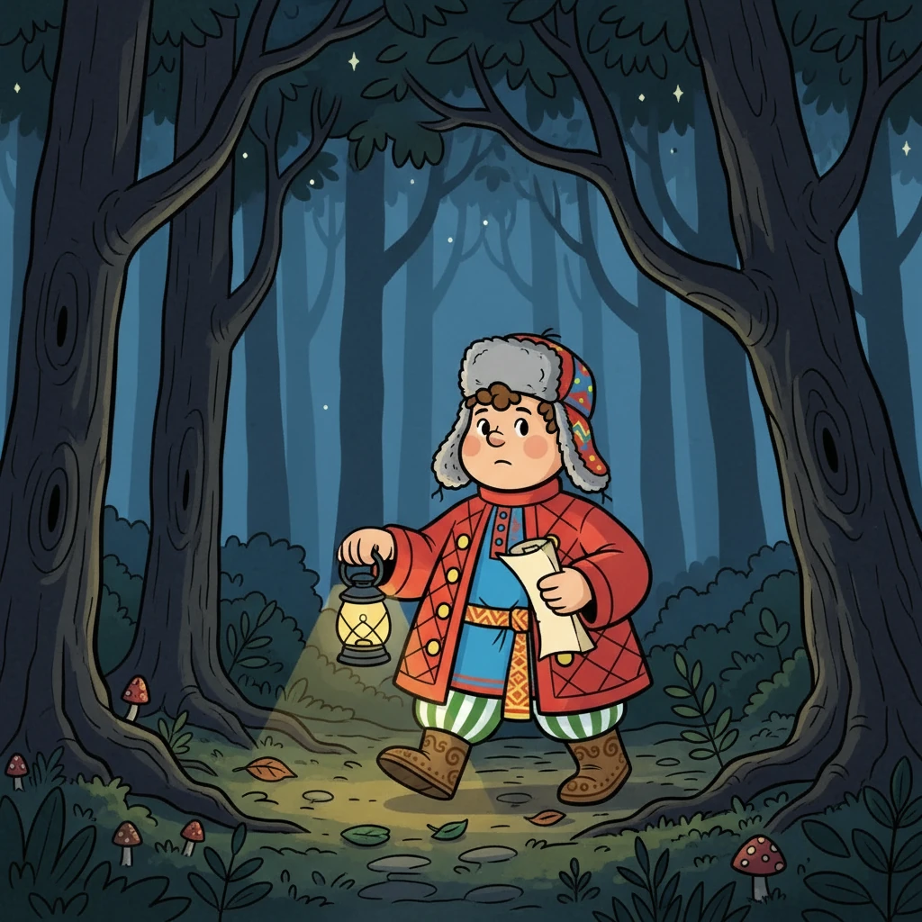 Михаил отправился в опасное путешествие. Он храбро шагал в темный лес, освещая путь лишь маленьким фонариком и своей надеждой.