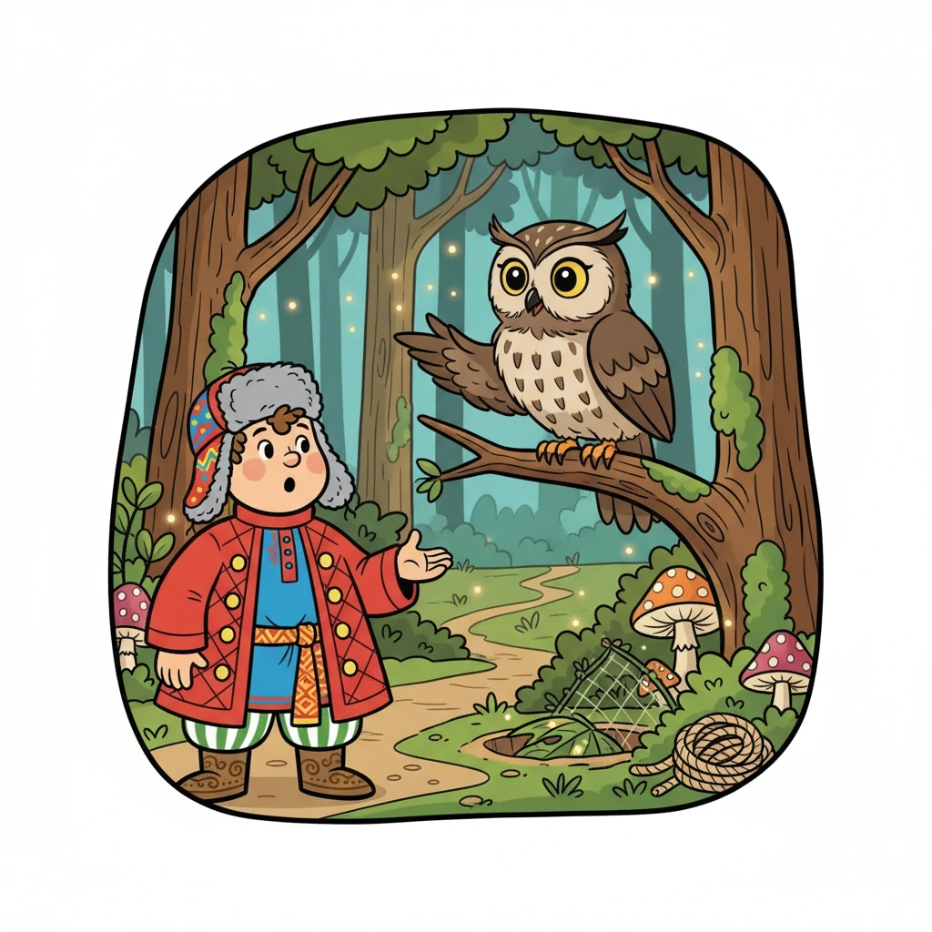 В лесу Михаил встретил говорящего филина, который стал его верным другом и советчиком. Филин рассказал ему о ловушках и опасностях, которые его ждут.