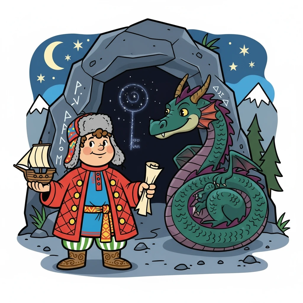 Михаил добрался до пещеры, где обитал страшный дракон. Дракон охранял вход к Звездному Ключу, но Михаил не испугался.