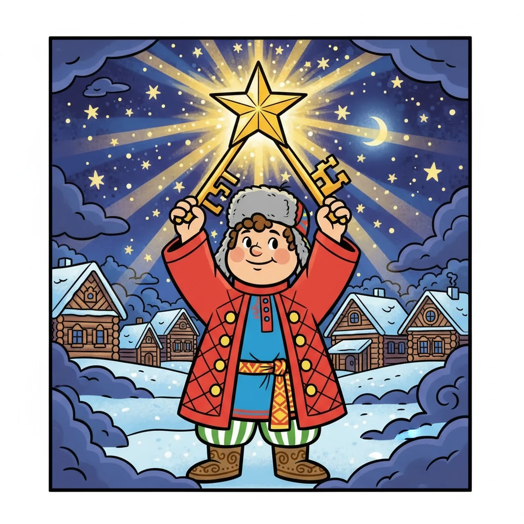 Михаил вернулся в свою деревню, подняв Звездный Ключ к небу. Свет ключа рассеял тьму, и звезды вновь засияли.