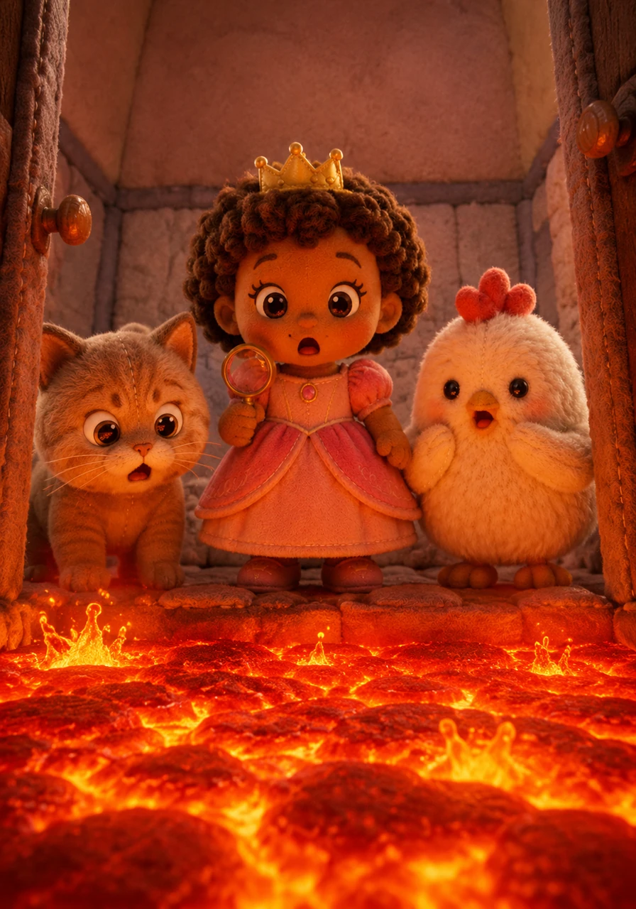 But when they opened the door to the hallway, they gasped in surprise. The floor was completely gone! Instead, there was a bubbling, glowing lake of hot red lava stretching out before them.