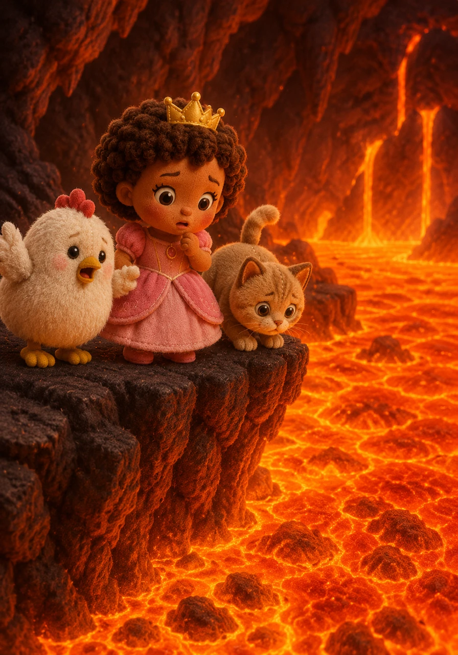The lava lake was much too wide to cross safely. Stephanie flapped her little white wings anxiously, but she knew she couldn't fly that far. They were stuck right on the edge, looking for a way over.