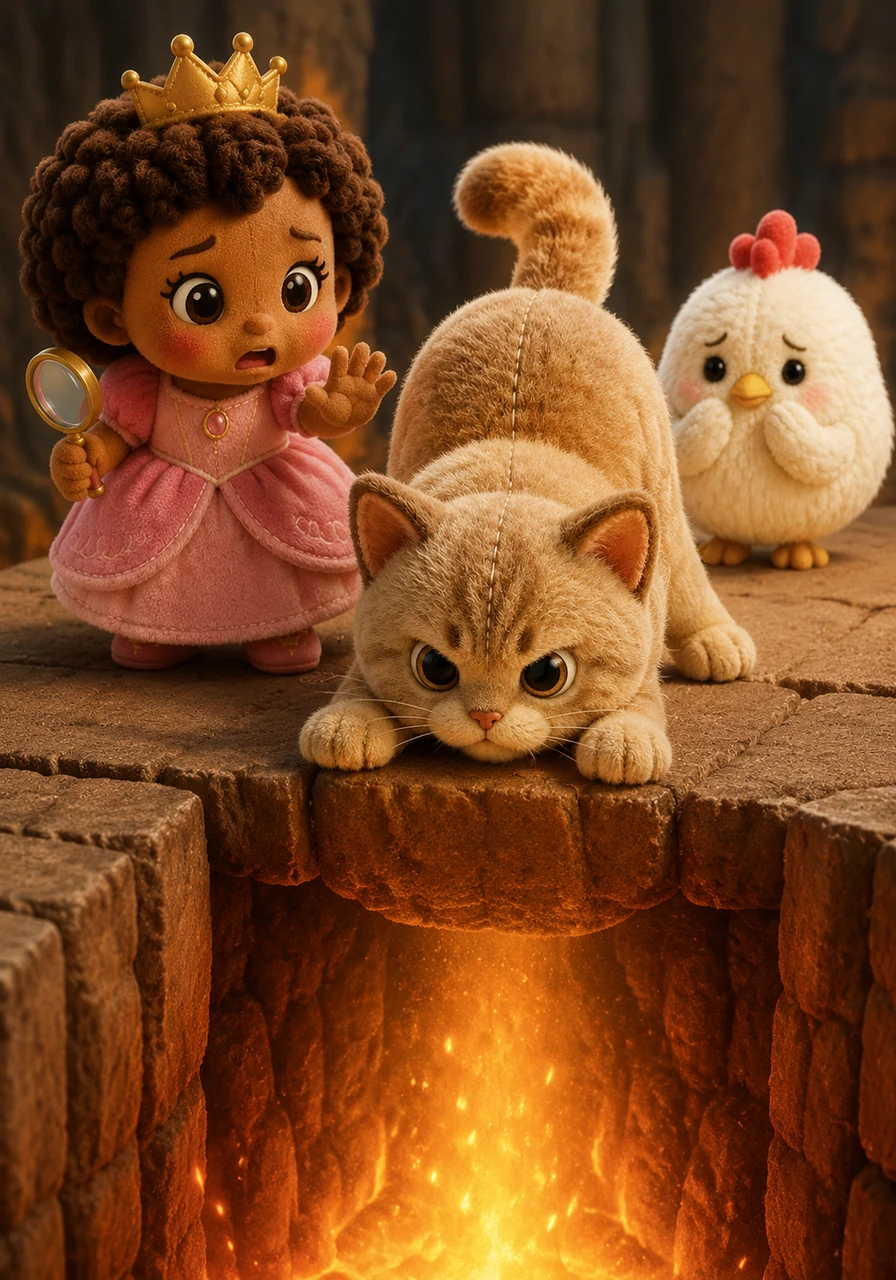 Potato the cat wiggled his bottom, getting ready to take a giant leap across the glowing heat. 'Wait!' cried Amara, holding up her tiny magnifying glass. 'If we jump right now, we might fall in! We need to stop and think first.'