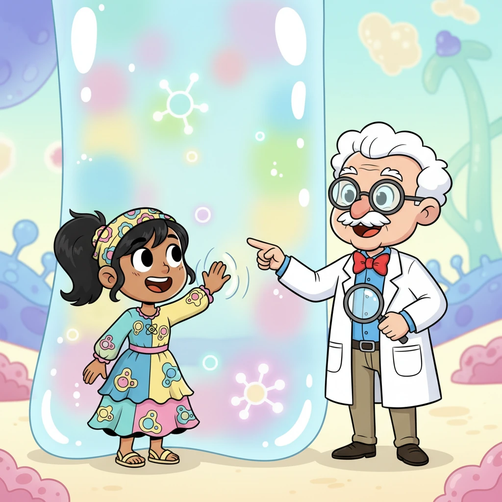 De repente, se encontraron frente a una pared gigante y flexible, que parecía gelatina. "¡Esta es la membrana celular!", explicó el Dr. Bio. "Es como la puerta de entrada y salida, decidiendo qué entra y qué sale de la célula". Celia la tocó, sintiendo su suavidad y elasticidad.