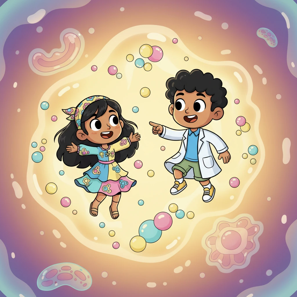 Al cruzar la membrana, flotaron en un espacio lleno de un líquido gelatinoso y brillante. "¡Bienvenida al citoplasma!", dijo el Dr. Bio con entusiasmo. "Aquí es donde ocurren todas las actividades divertidas de la célula, como una piscina mágica donde flotan los organelos". Pequeñas burbujas de colores flotaban a su alrededor.