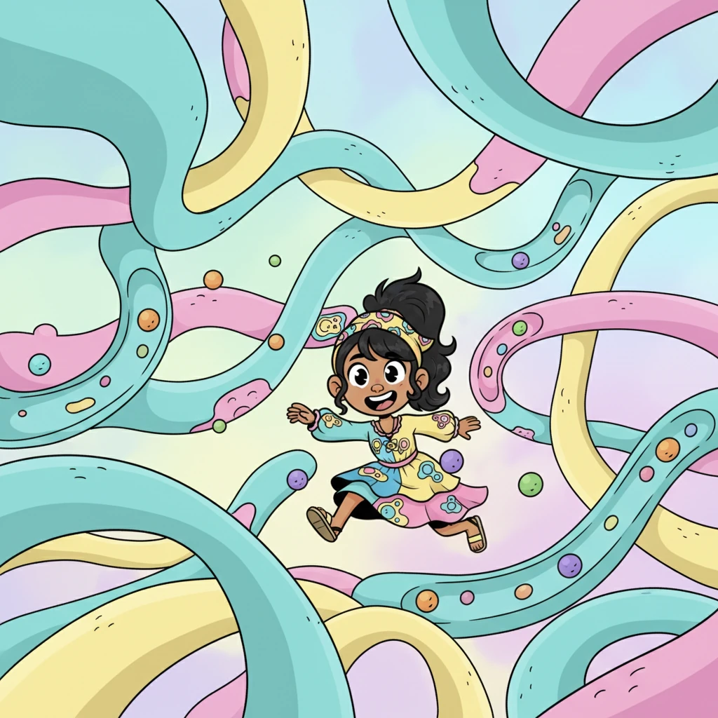 A continuación, navegaron por un laberinto de túneles y sacos interconectados. "¡Esto es el retículo endoplasmático!", dijo el Dr. Bio. "Es como una red de carreteras que transporta materiales por toda la célula, asegurándose de que todo llegue a su destino". Celia zigzagueó entre los pasillos.