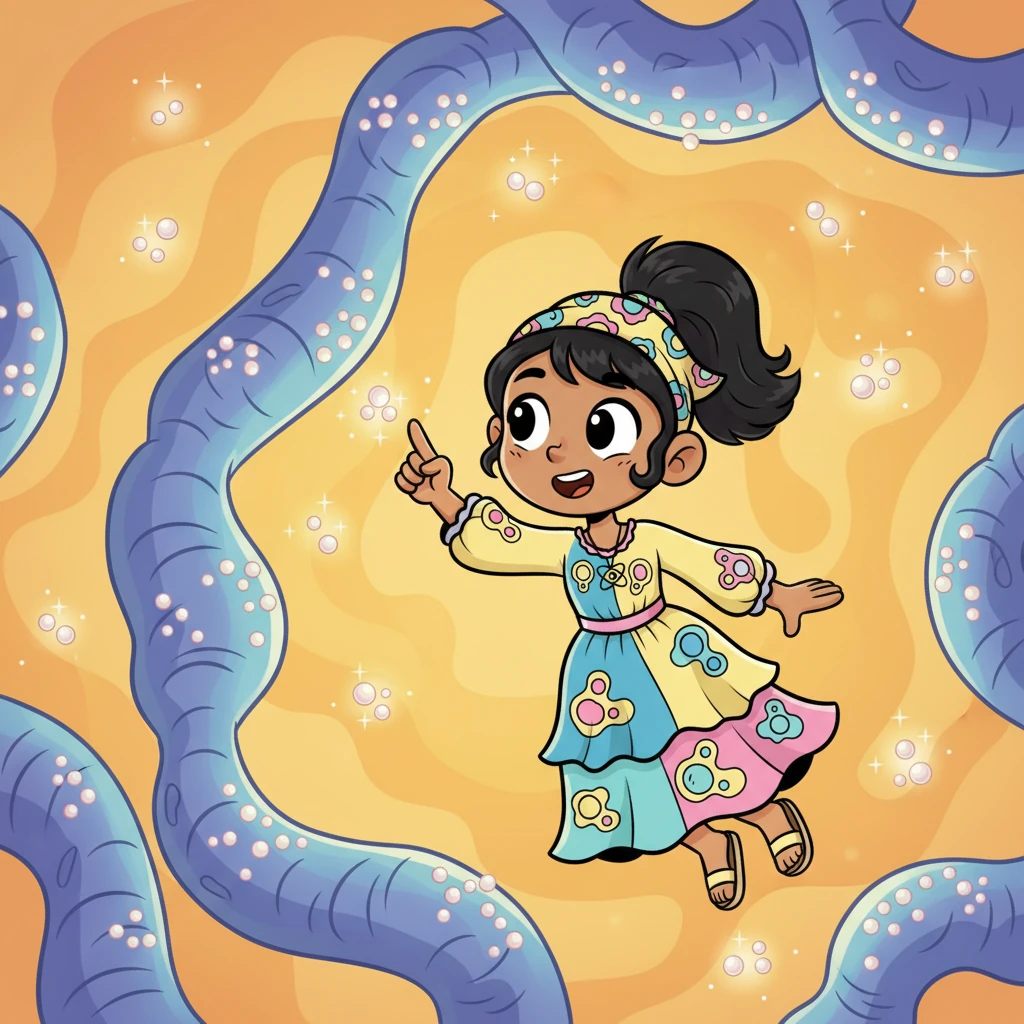 Flotando por el retículo y también libres en el citoplasma, Celia notó muchísimos puntos diminutos. "¡Esos son los ribosomas!", reveló el Dr. Bio. "Son como pequeñas fábricas que construyen proteínas, los bloques de construcción de la vida, siguiendo las instrucciones del núcleo". Parecían pequeñas perlas brillantes.