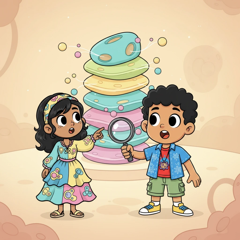 Más adelante, encontraron un conjunto de sacos aplanados apilados, como una pila de panqueques de colores. "¡Este es el aparato de Golgi!", indicó el Dr. Bio. "Su trabajo es empaquetar y enviar las proteínas y otros materiales a donde se necesiten, como una oficina de correos celular". Celia vio cómo pequeñas "cartas" salían de ellos.